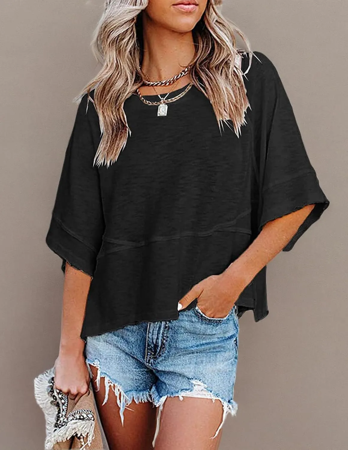 Women's Fashion Casual T Shirt Round Collar 3/4 Sleeve Plain Color Tees Summer Tops Blouses