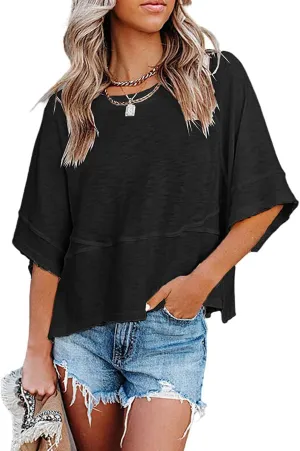 Women's Fashion Casual T Shirt Round Collar 3/4 Sleeve Plain Color Tees Summer Tops Blouses
