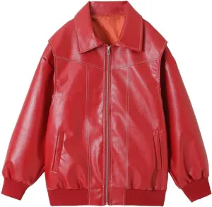 Women's Fashion Faux Leather Jacket Zip Up Oversized Motorcycle Jacket Y2K Leather Bomber Coats Moto Biker Outerwear