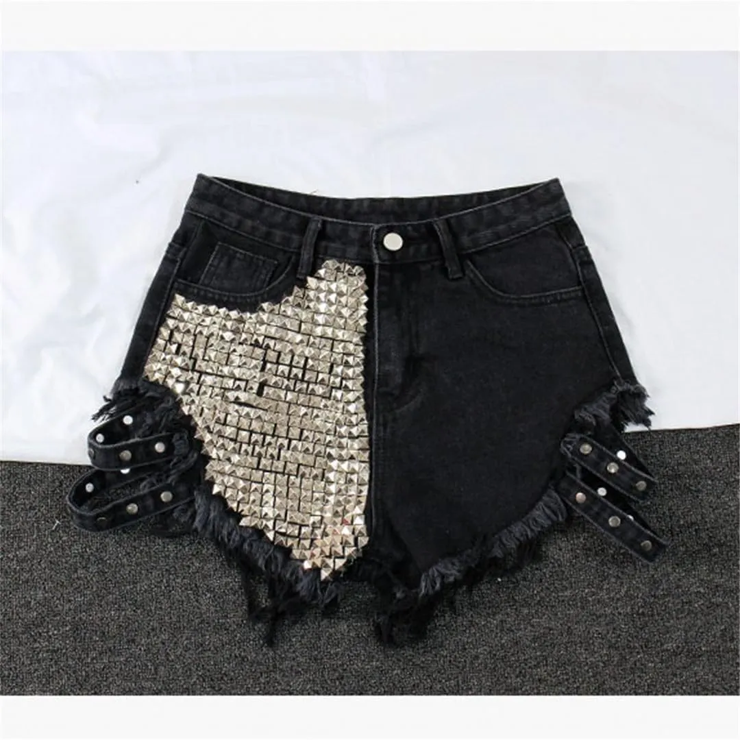 Women's Fashion Vintage Tassel Rivet Ripped High Waisted Short Jeans Punk Sexy Denim Shorts