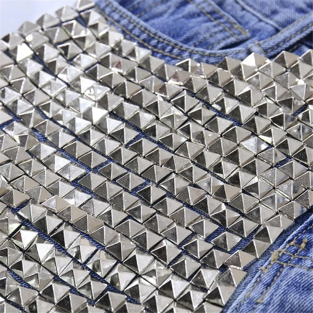 Women's Fashion Vintage Tassel Rivet Ripped High Waisted Short Jeans Punk Sexy Denim Shorts