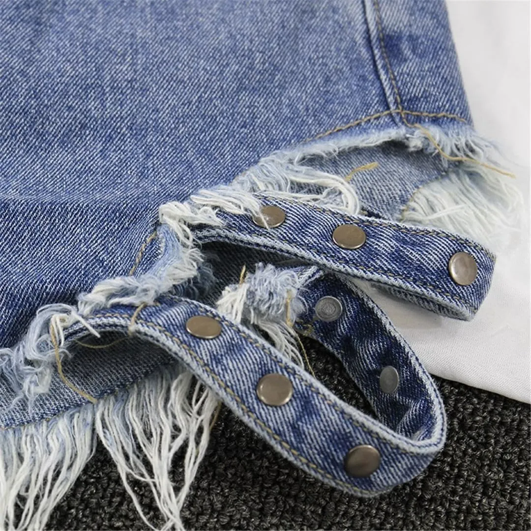 Women's Fashion Vintage Tassel Rivet Ripped High Waisted Short Jeans Punk Sexy Denim Shorts