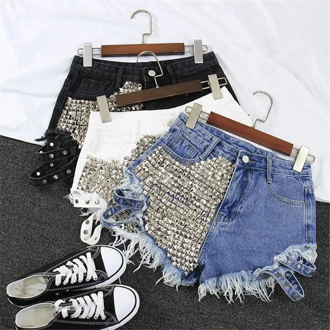 Women's Fashion Vintage Tassel Rivet Ripped High Waisted Short Jeans Punk Sexy Denim Shorts