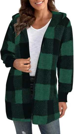 Womens Fleece Sherpa Jackets Winter Warm Plush Hooded Jackets Casual Plaid Long Sleeve Cardigan Outerwear