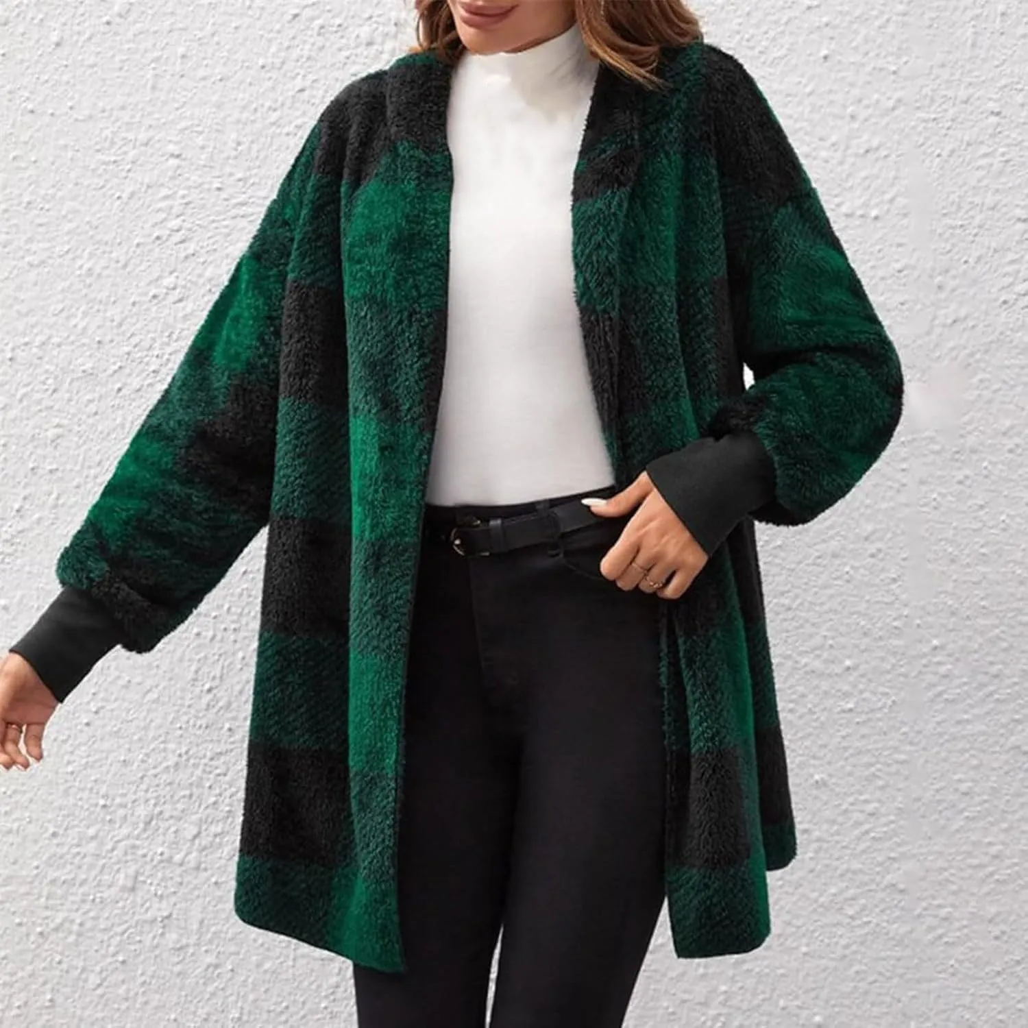Womens Fleece Sherpa Jackets Winter Warm Plush Hooded Jackets Casual Plaid Long Sleeve Cardigan Outerwear