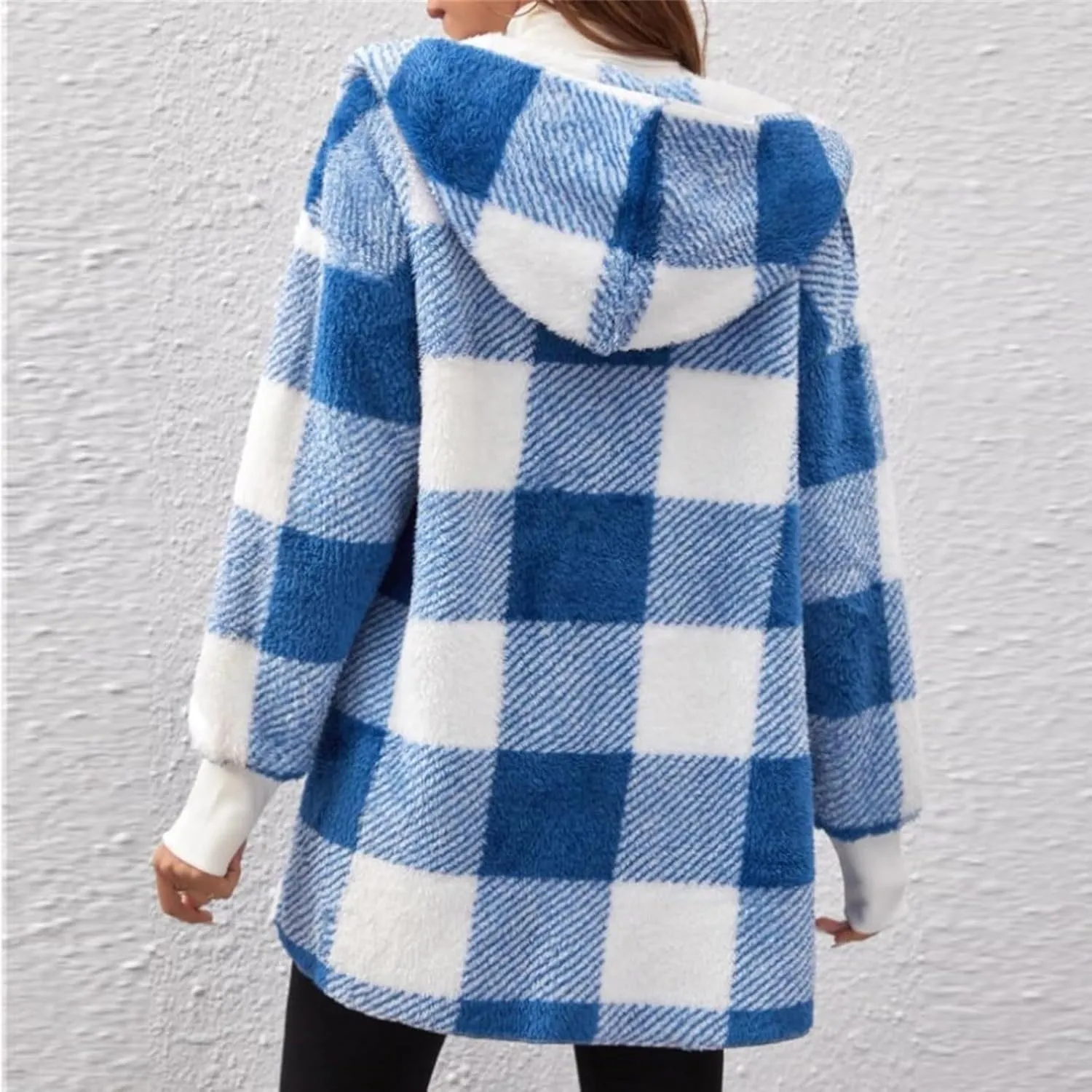 Womens Fleece Sherpa Jackets Winter Warm Plush Hooded Jackets Casual Plaid Long Sleeve Cardigan Outerwear