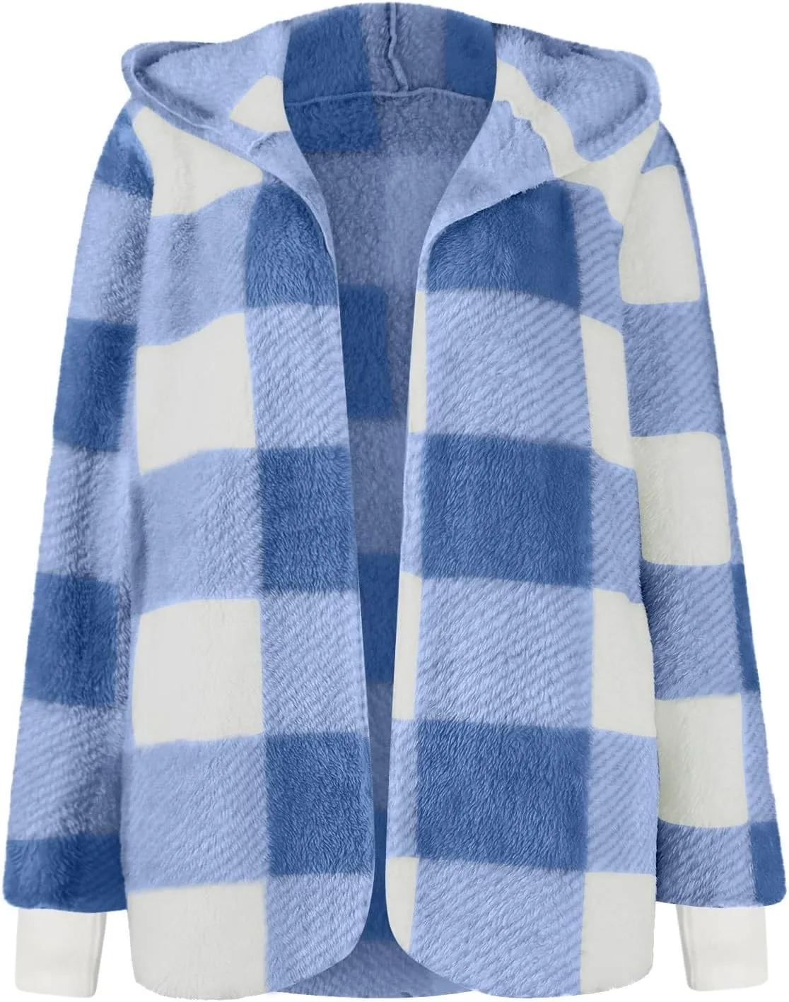Womens Fleece Sherpa Jackets Winter Warm Plush Hooded Jackets Casual Plaid Long Sleeve Cardigan Outerwear