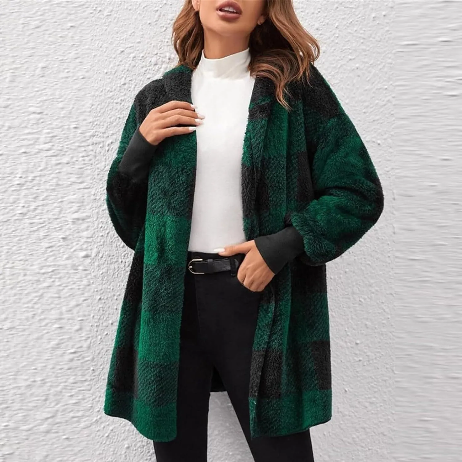 Womens Fleece Sherpa Jackets Winter Warm Plush Hooded Jackets Casual Plaid Long Sleeve Cardigan Outerwear