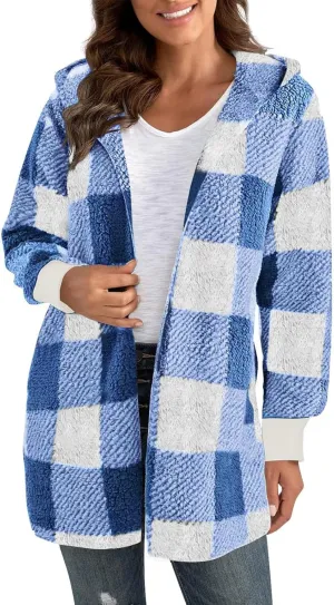 Womens Fleece Sherpa Jackets Winter Warm Plush Hooded Jackets Casual Plaid Long Sleeve Cardigan Outerwear
