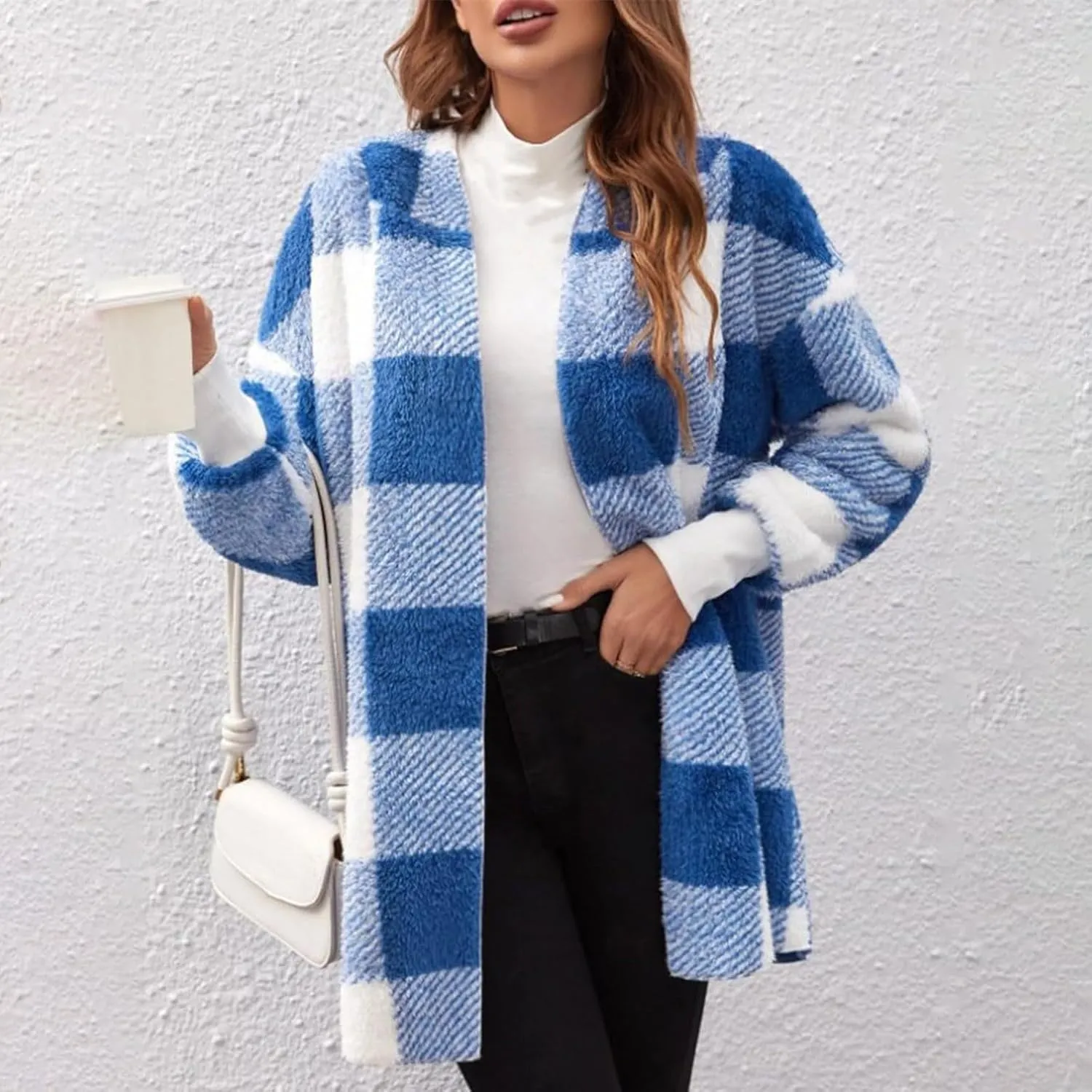 Womens Fleece Sherpa Jackets Winter Warm Plush Hooded Jackets Casual Plaid Long Sleeve Cardigan Outerwear
