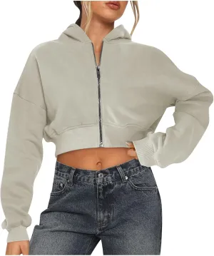 Womens Full Zip Up Hoodies Cropped Sweatshirts Fall Long Sleeve Fleece Jackets Casual Y2k Hooded Tops 2024