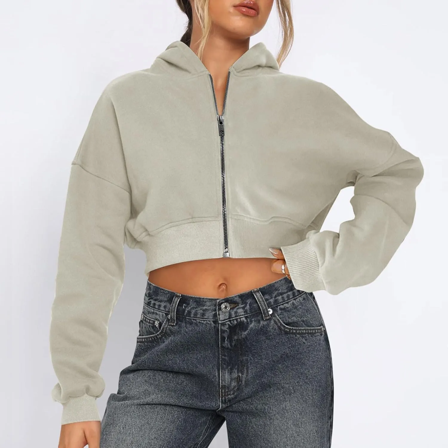 Womens Full Zip Up Hoodies Cropped Sweatshirts Fall Long Sleeve Fleece Jackets Casual Y2k Hooded Tops 2024