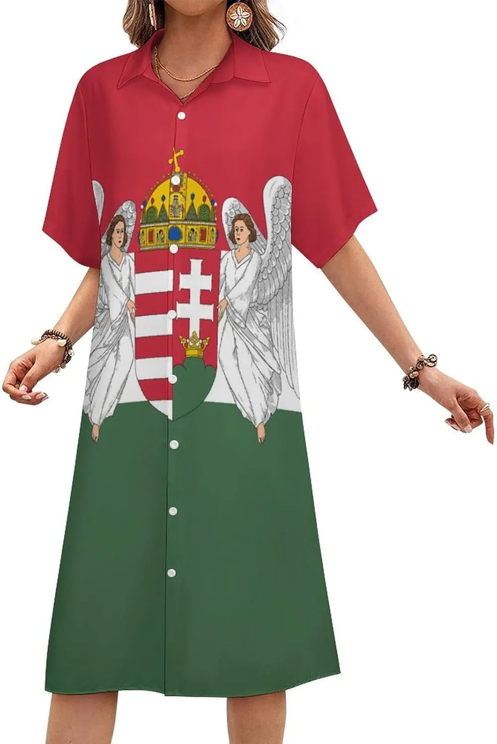 Women's Hawaii Flag Shirt Dress Collar V-Neck Button Down Simple Short Sleeve Long Dresses