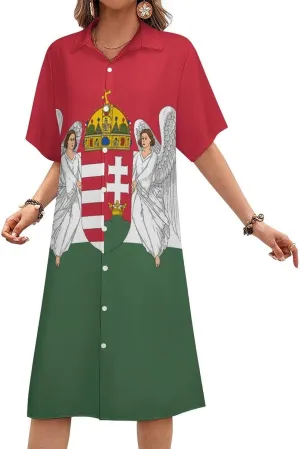 Women's Hawaii Flag Shirt Dress Collar V-Neck Button Down Simple Short Sleeve Long Dresses
