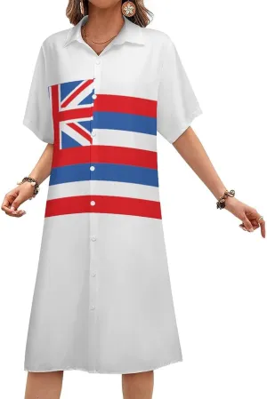 Women's Hawaii Flag Shirt Dress Collar V-Neck Button Down Simple Short Sleeve Long Dresses