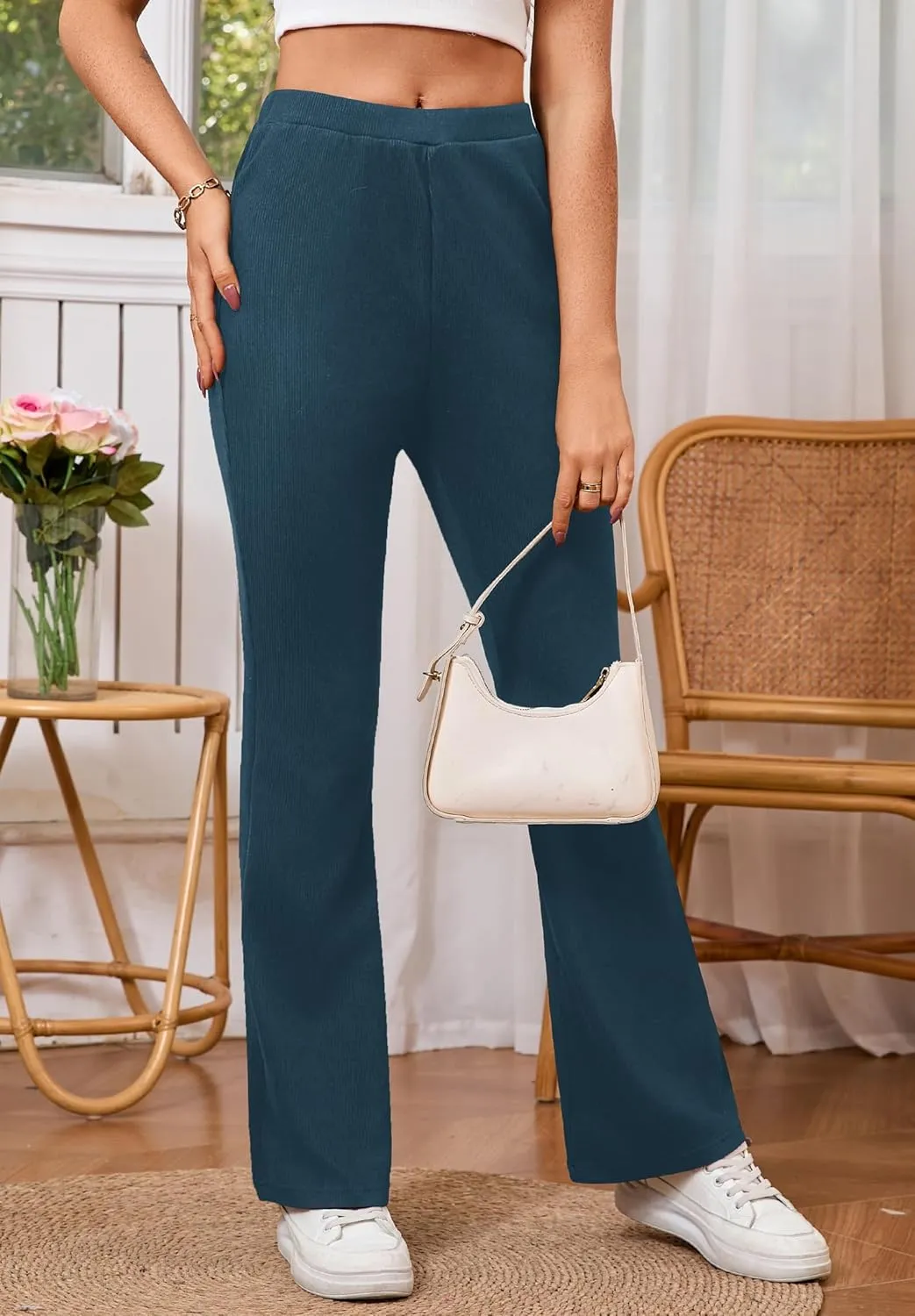 Women's High Waisted Drawstring Waist Wide Leg Solid Color Pants Sweatpants Casual Loose Yoga Pants with Pockets
