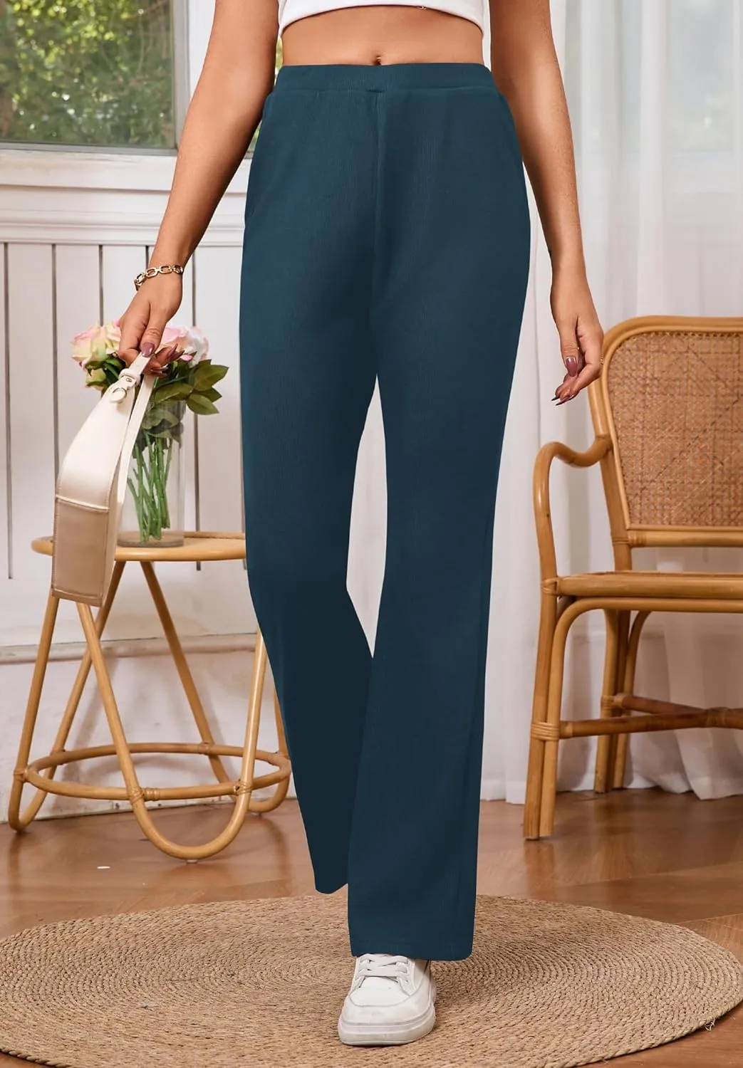 Women's High Waisted Drawstring Waist Wide Leg Solid Color Pants Sweatpants Casual Loose Yoga Pants with Pockets