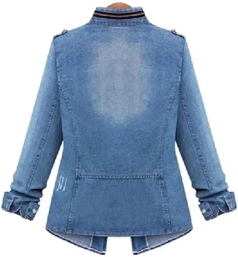 Women's Jean Jacket Stand Collar Long Sleeve Work Casual Light Weight Denim Jackets