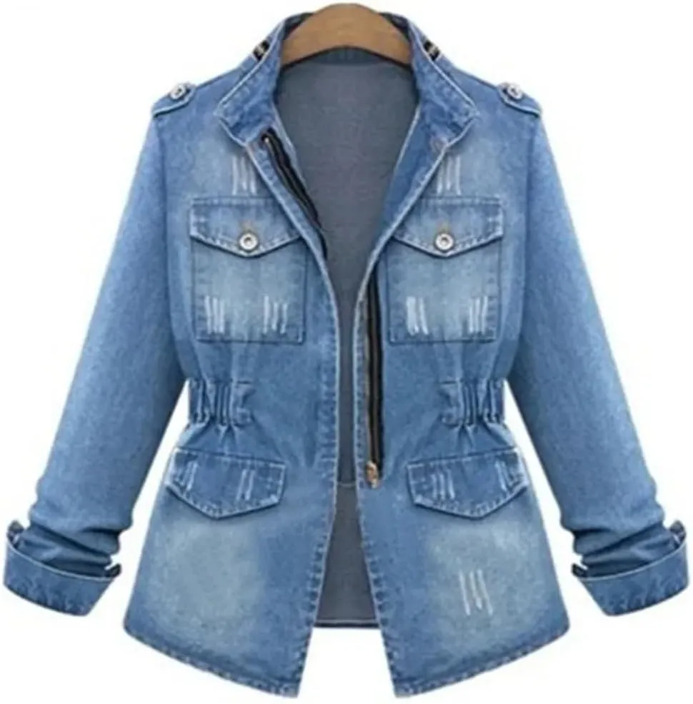 Women's Jean Jacket Stand Collar Long Sleeve Work Casual Light Weight Denim Jackets
