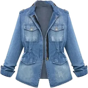 Women's Jean Jacket Stand Collar Long Sleeve Work Casual Light Weight Denim Jackets