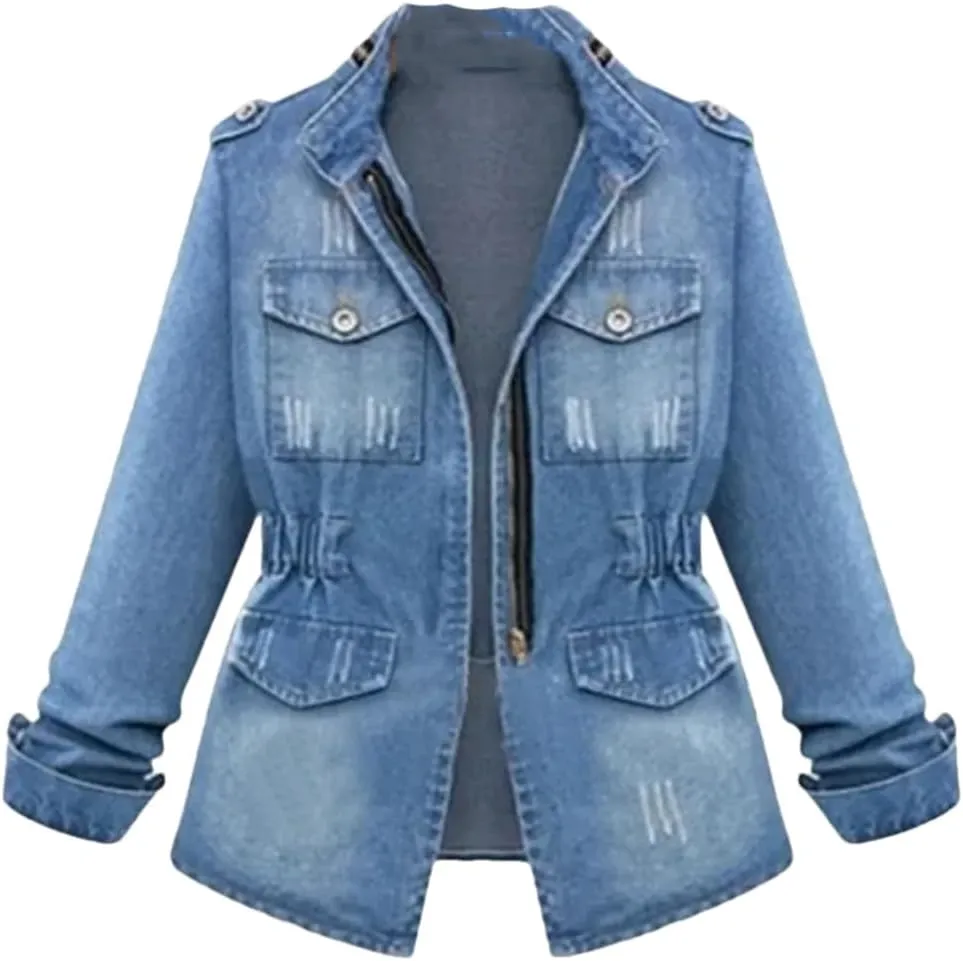 Women's Jean Jacket Stand Collar Long Sleeve Work Casual Light Weight Denim Jackets