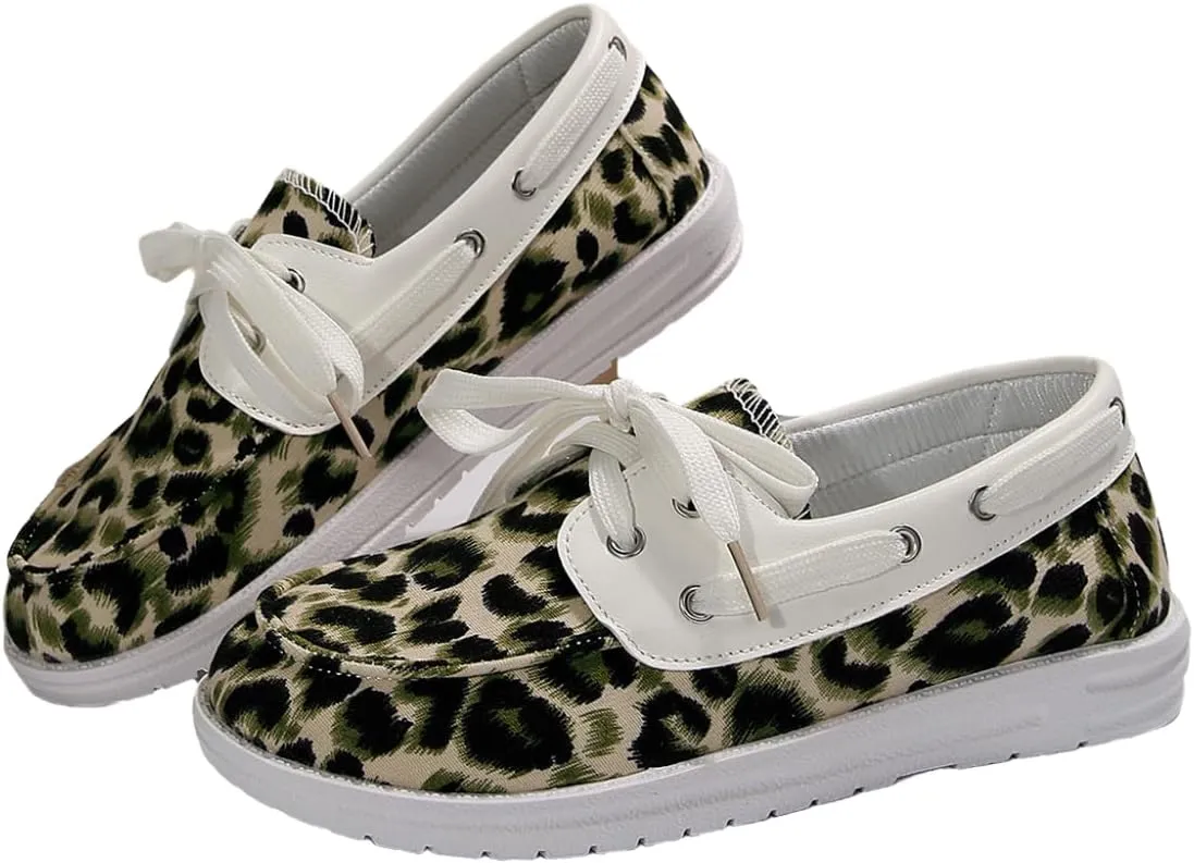 Women's Leopard Print Boat Shoes, Lace-up Canvas Deck Shoes, White Trim