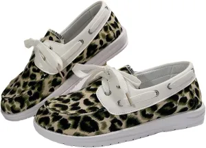 Women's Leopard Print Boat Shoes, Lace-up Canvas Deck Shoes, White Trim