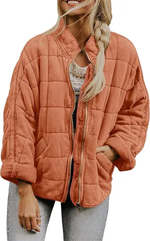Women's Lightweight Long Sleeve Jacket Quilted Zip Up Down Coat With Pockets Warm Winter Baggy Down Coat