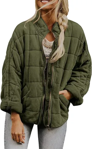 Women's Lightweight Long Sleeve Jacket Quilted Zip Up Down Coat With Pockets Warm Winter Baggy Down Coat