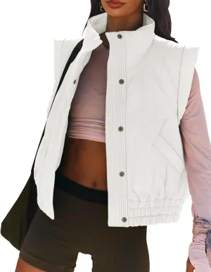 Women's Lightweight Puffer Vest Button Down Crop Qulited Vest Coat Stand Collar Sleeveless Padded Gilet With Pockets