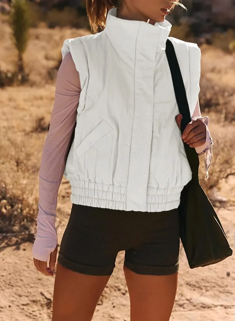 Women's Lightweight Puffer Vest Button Down Crop Qulited Vest Coat Stand Collar Sleeveless Padded Gilet With Pockets