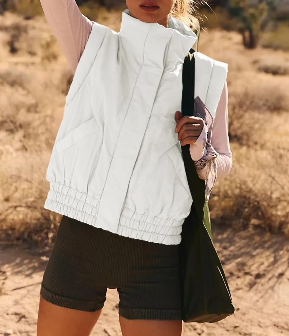 Women's Lightweight Puffer Vest Button Down Crop Qulited Vest Coat Stand Collar Sleeveless Padded Gilet With Pockets
