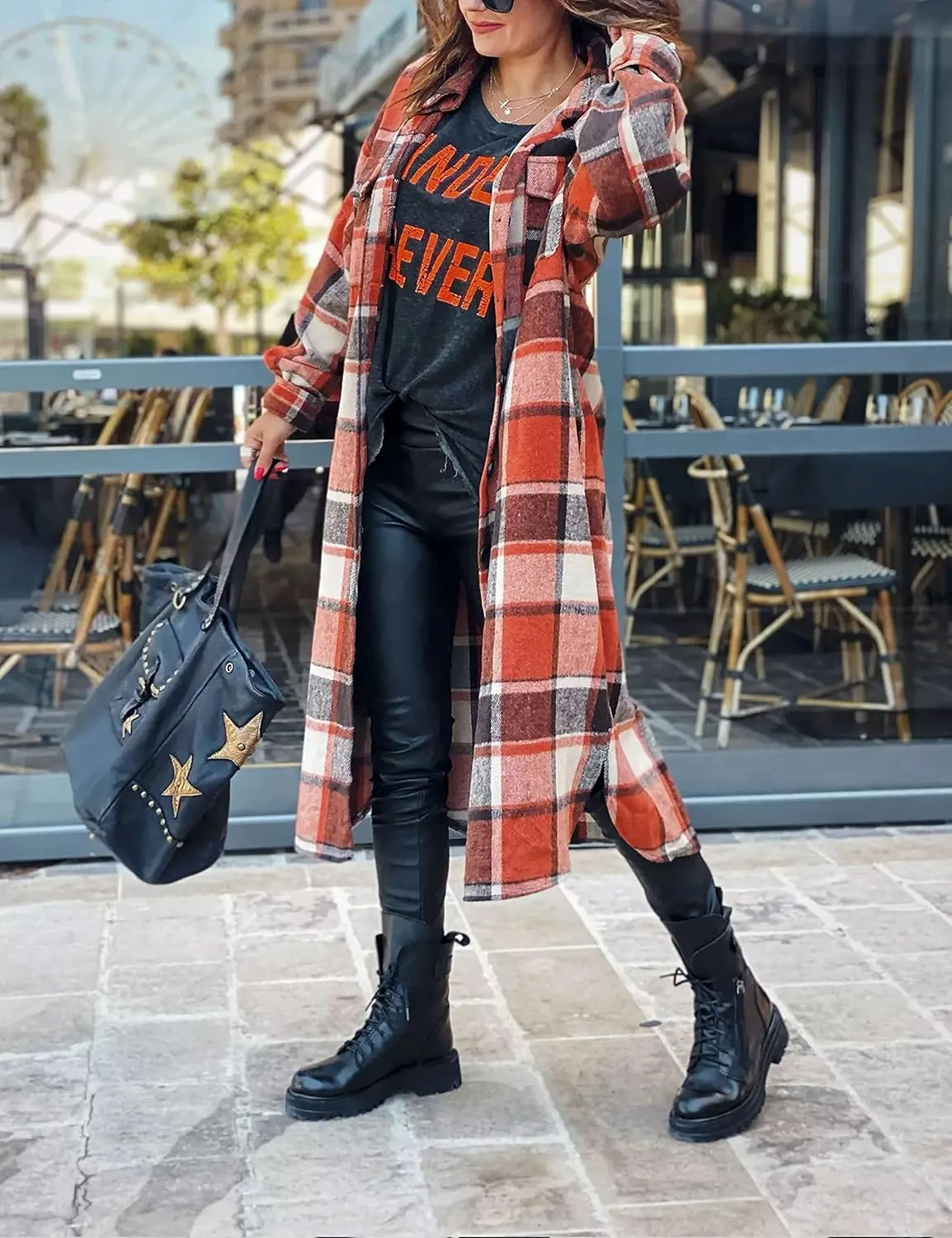 Womens Long Sleeve Long Plaid Coats Flannel Lapel Casual Button Down Wool Blend Shacket Jacket Trench Shirts