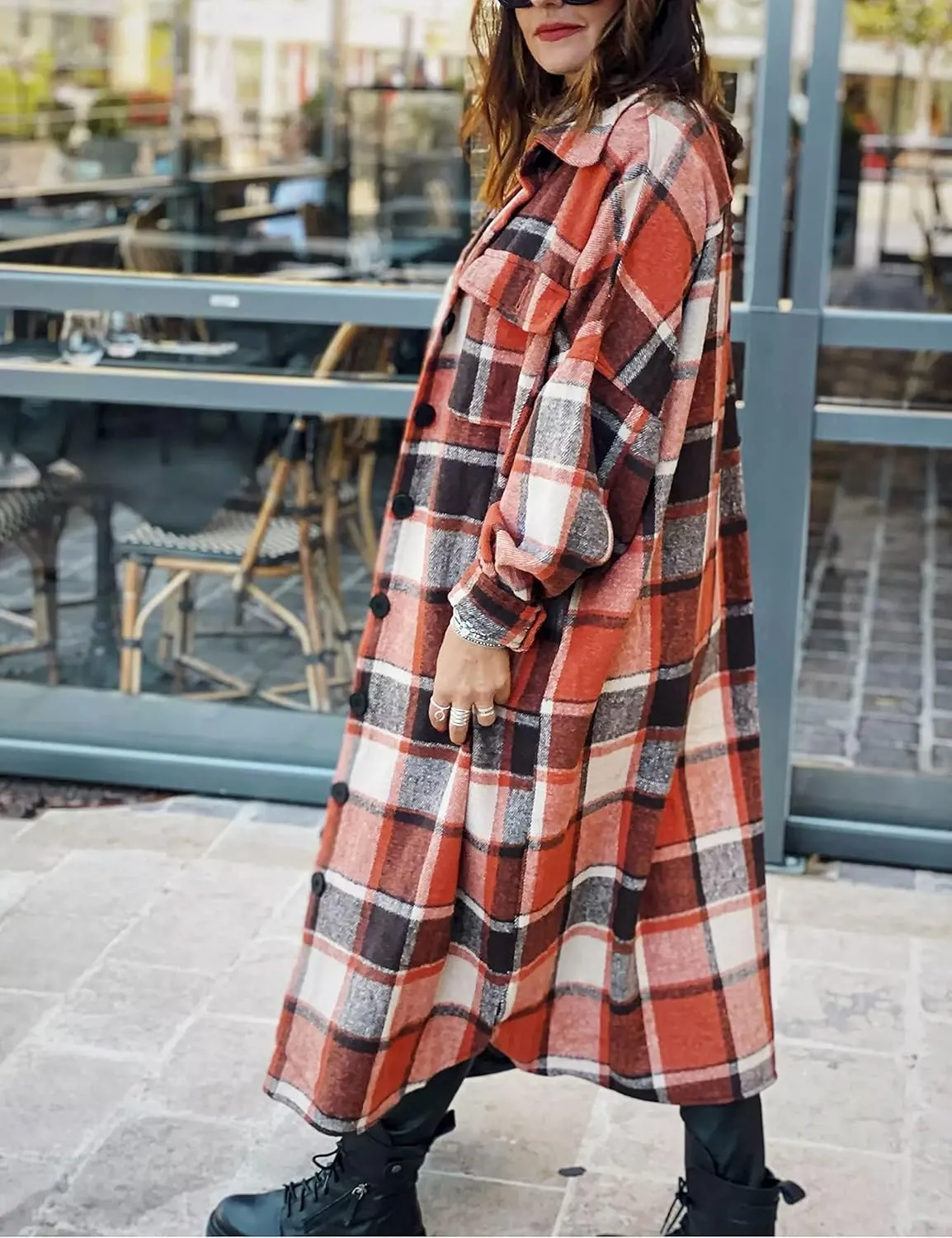 Womens Long Sleeve Long Plaid Coats Flannel Lapel Casual Button Down Wool Blend Shacket Jacket Trench Shirts