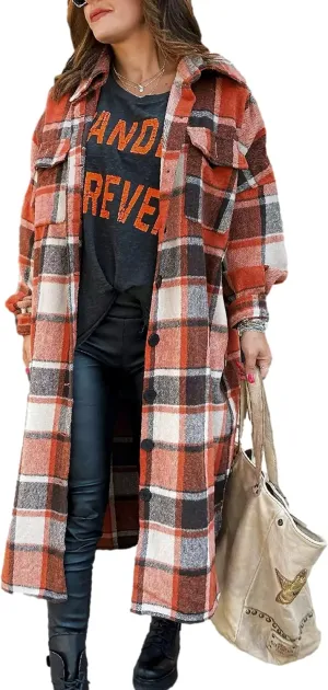 Womens Long Sleeve Long Plaid Coats Flannel Lapel Casual Button Down Wool Blend Shacket Jacket Trench Shirts