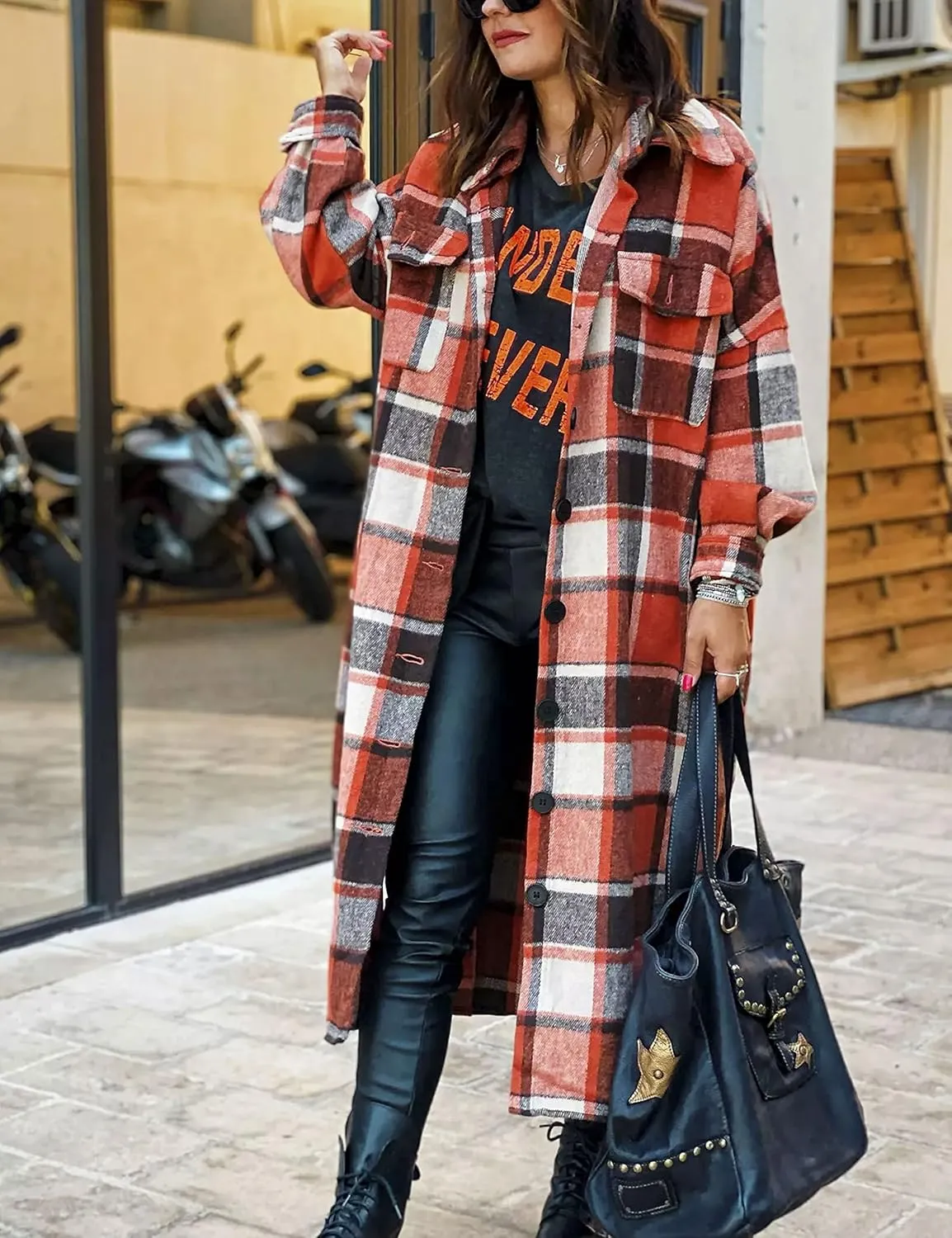 Womens Long Sleeve Long Plaid Coats Flannel Lapel Casual Button Down Wool Blend Shacket Jacket Trench Shirts
