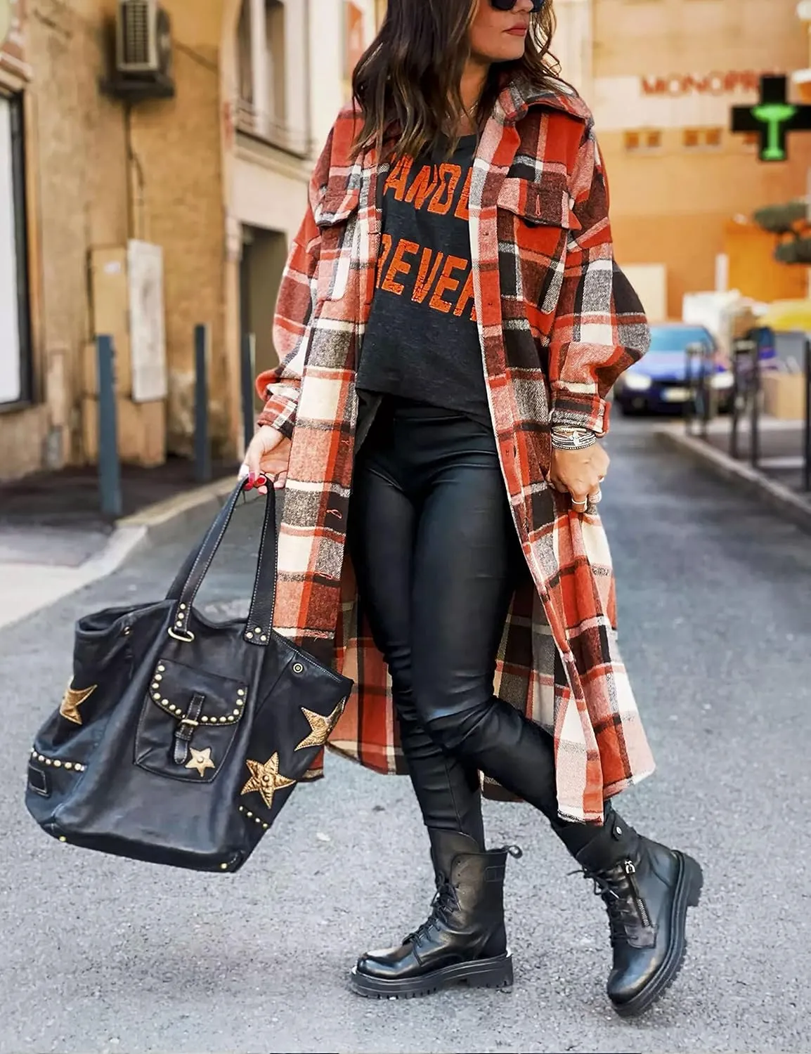 Womens Long Sleeve Long Plaid Coats Flannel Lapel Casual Button Down Wool Blend Shacket Jacket Trench Shirts