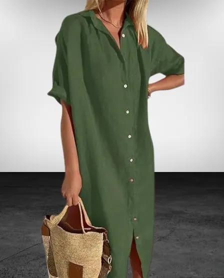 Womens Maxi Dress Button Down Rolled-Up Sleeve Cotton Linen Casual Dress Summer Vacation Beach Sundress