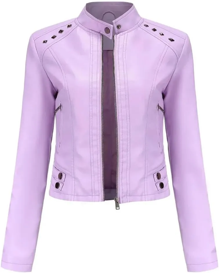 Women's Moto Biker Zipper Jacket Faux Leather Winter Coat Short Rivet Women's Clothing