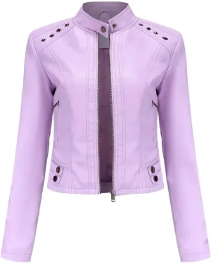 Women's Moto Biker Zipper Jacket Faux Leather Winter Coat Short Rivet Women's Clothing