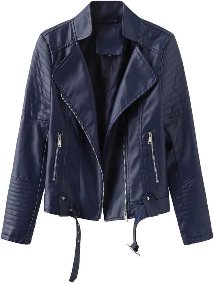 Women's Moto Biker Zipper Jacket Winter Faux Leather Jacket Short Outerwear Women's Top