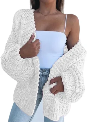Womens Open Front Long Sleeve Chunky Knit Cardigan Sweaters Loose Outwear Coat