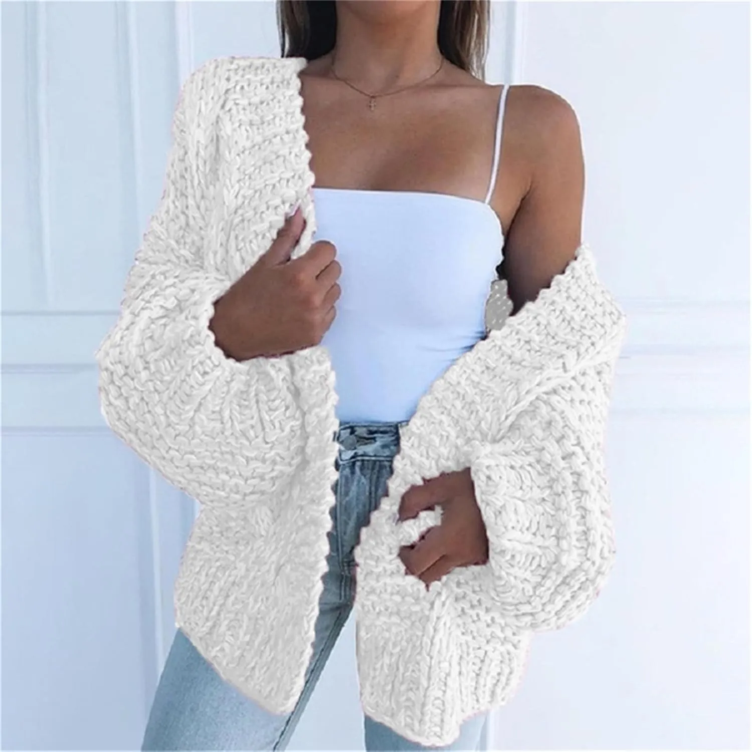 Womens Open Front Long Sleeve Chunky Knit Cardigan Sweaters Loose Outwear Coat