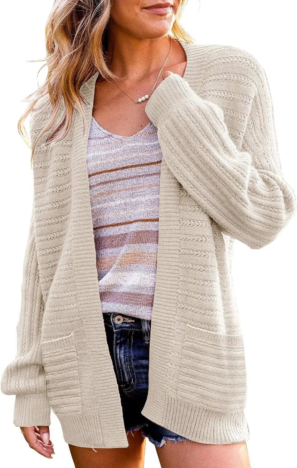 Women's Oversized Cable Knit Cardigan Puff Long Sleeve Chunky Open Front Sweater Outwear with Pockets