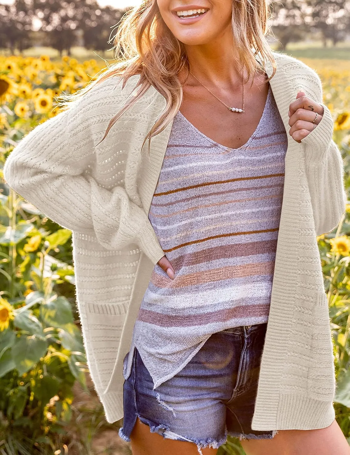 Women's Oversized Cable Knit Cardigan Puff Long Sleeve Chunky Open Front Sweater Outwear with Pockets