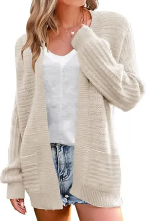 Women's Oversized Cable Knit Cardigan Puff Long Sleeve Chunky Open Front Sweater Outwear with Pockets