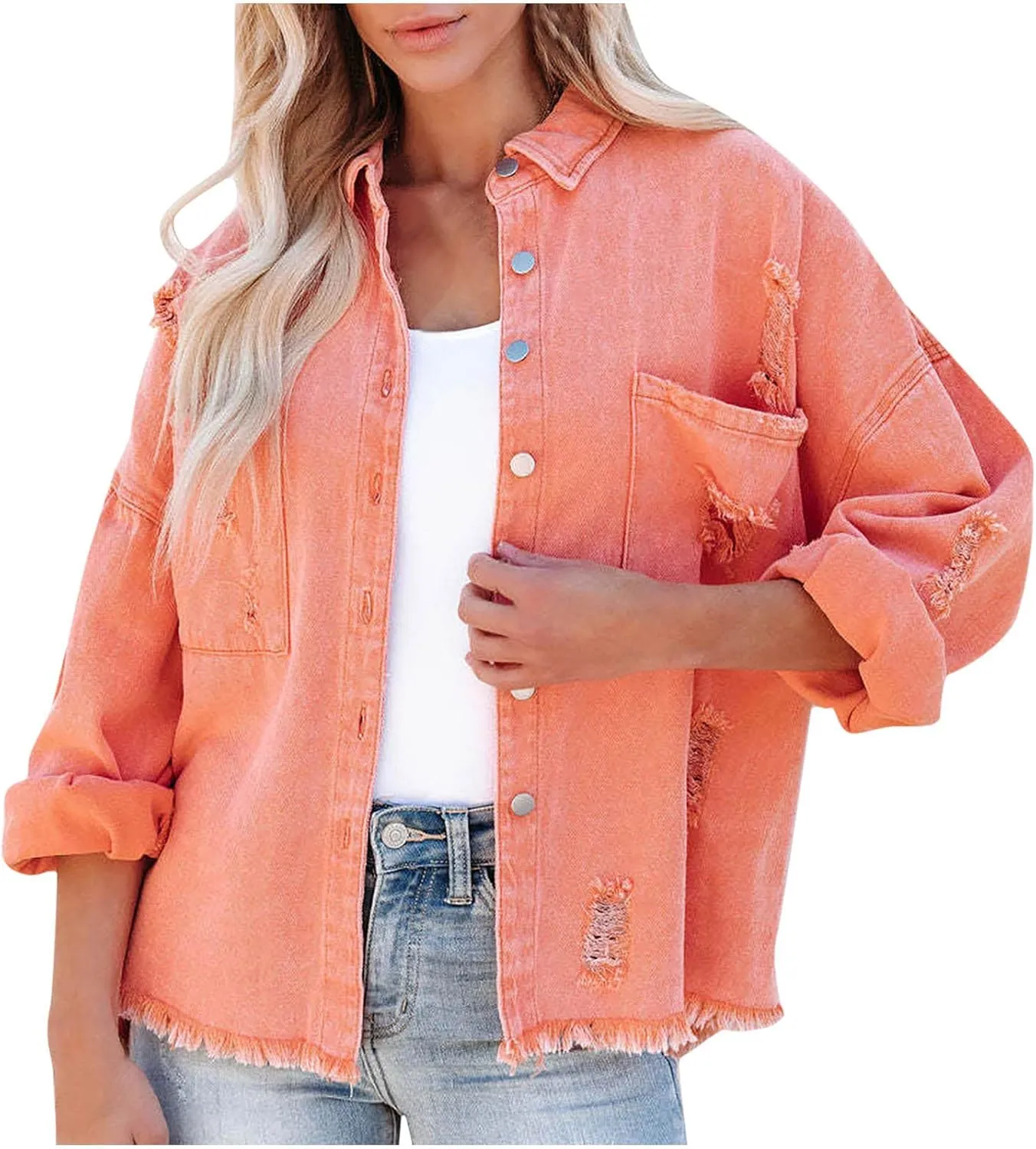 Women's Oversized Denim Jacket Casual Loose Boyfriend Frayed Ripped Jean Jackets Autumn Spring Trucker Coat Outerwear