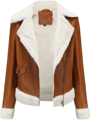Womens Oversized Leather Jackets, Faux Shearing Moto Biker Jacket, Thick Lined Winter Shearling Coat