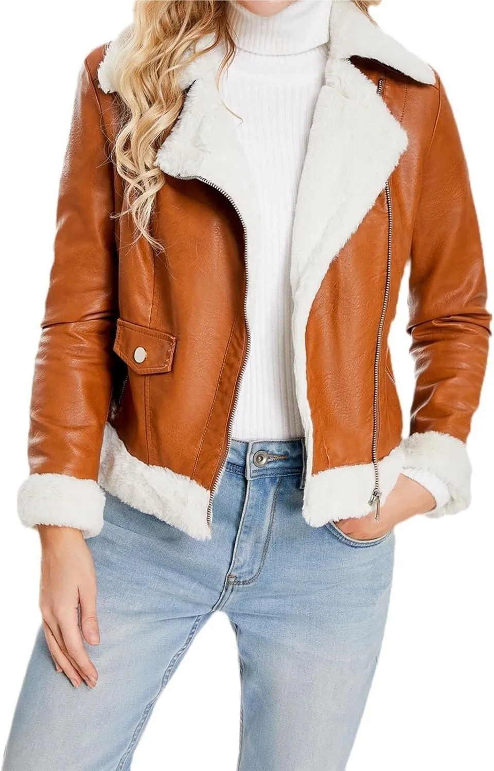 Womens Oversized Leather Jackets, Faux Shearing Moto Biker Jacket, Thick Lined Winter Shearling Coat
