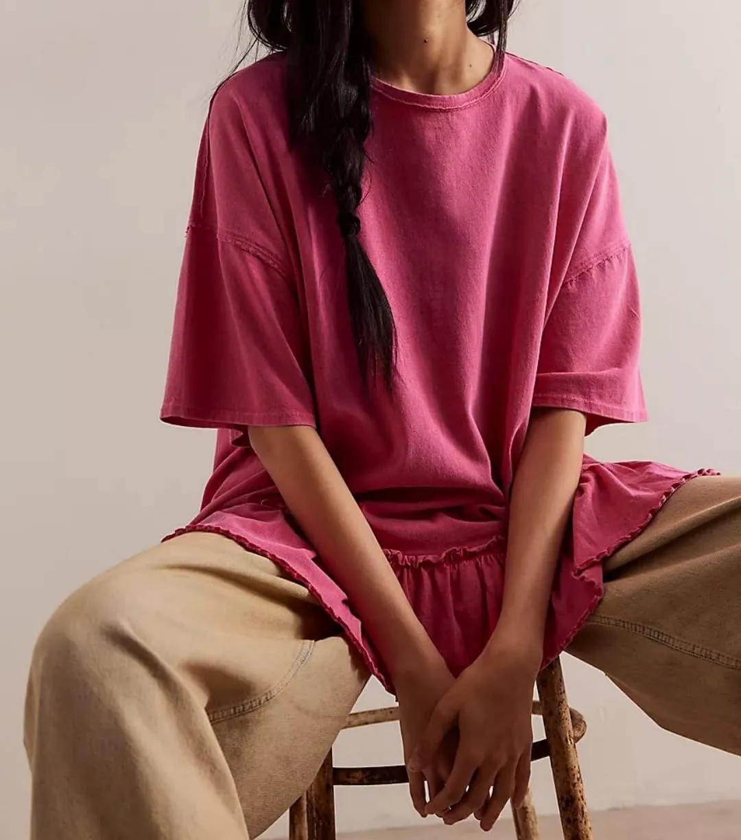 Womens Oversized Tee Shirt Casual Short Sleeve Ruffle Hem Shirts Loose Crew Neck Summer Tops